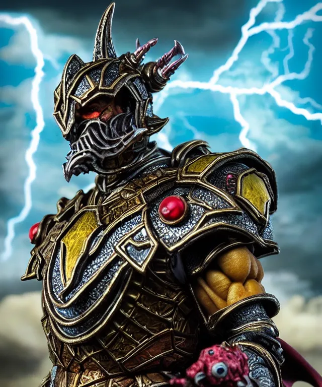 Image similar to hyperrealistic rendering, epic boss battle, ornate supreme orc goblin overlord, jewel crown, war armor battle, by art of skinner and richard corben, product photography, collectible action figure, sofubi, hottoys, storm clouds, outside, lightning