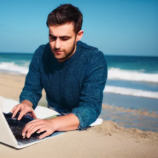 Prompt: photo of man working on laptop at beach, perfect face, fine details, 4 k, bokeh