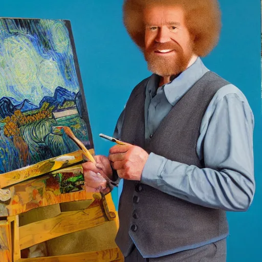 Image similar to ! bob ross! at his easel, painting a van gogh picture