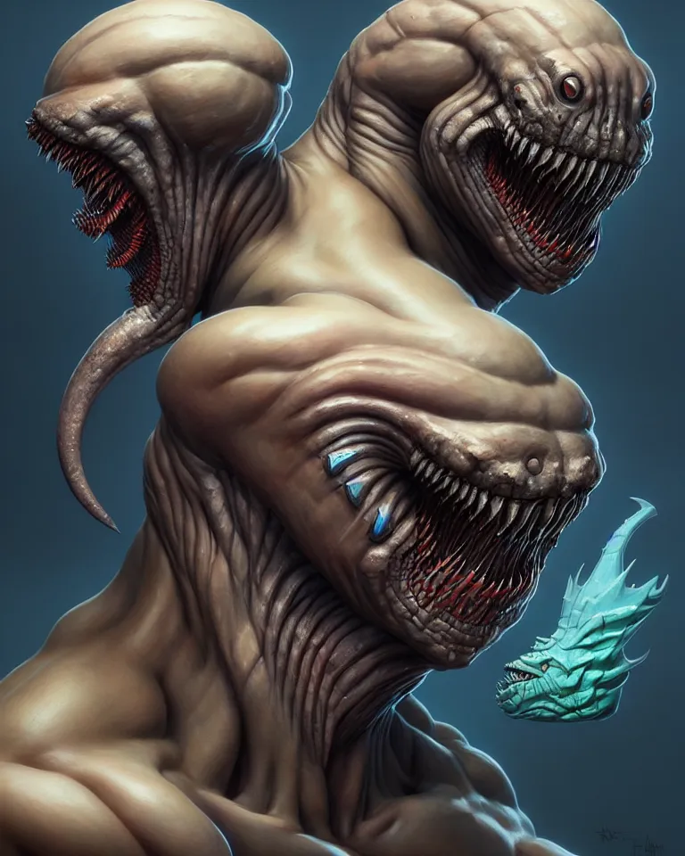 Prompt: full - face close - up portrait, muscular street shark by bruce brenneise and peter mohrbacher and h r giger, 3 d render, neosurrealism. digital concept art, pixel art, rendered in octane, trending on cgsociety, trending on artstation