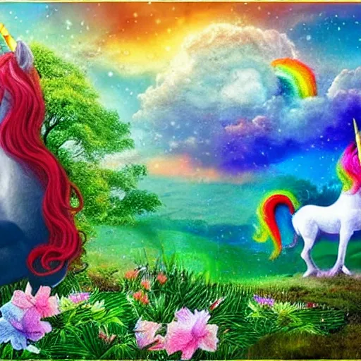 Image similar to dream : a fabulous landscape, a magical unicorn. a boy is sitting astride him. a cat is lying