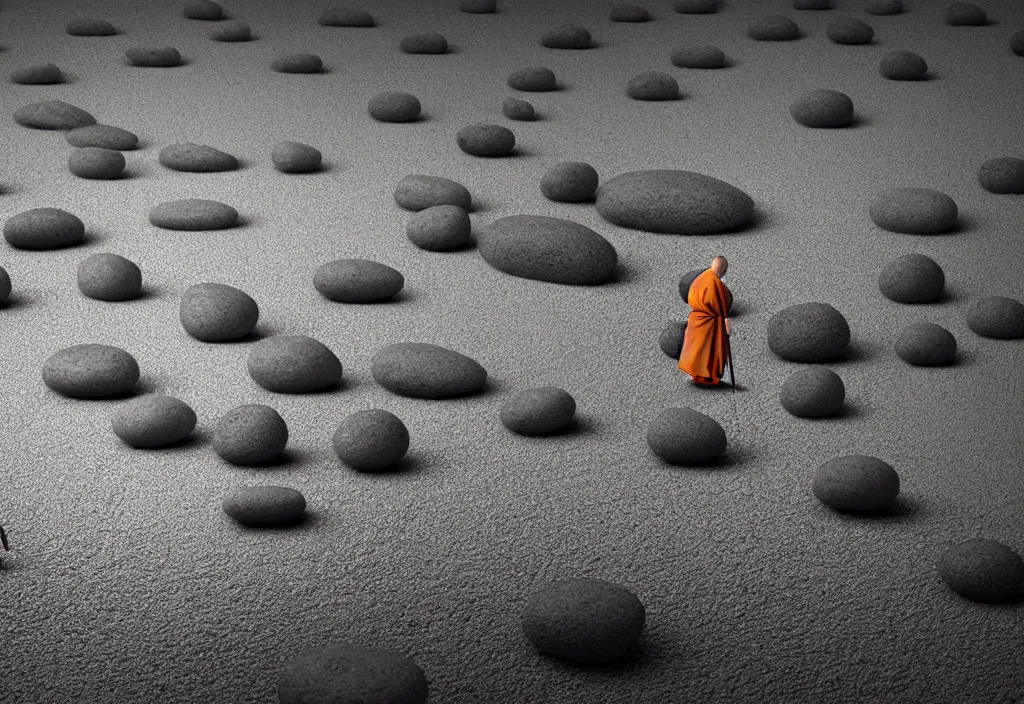 Image similar to portrait of a lone man monk raking stones in a zen garden kyoto, japan, a collage painting, in the style of wes anderson, lola dupre, david hockney, isolated on negative white space background dark monochrome fluorescent neon spraypaint accents volumetric octane render