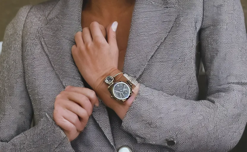 Image similar to a wide shot of a lady with a wool suit, wearing an omega speedmaster on her wrist