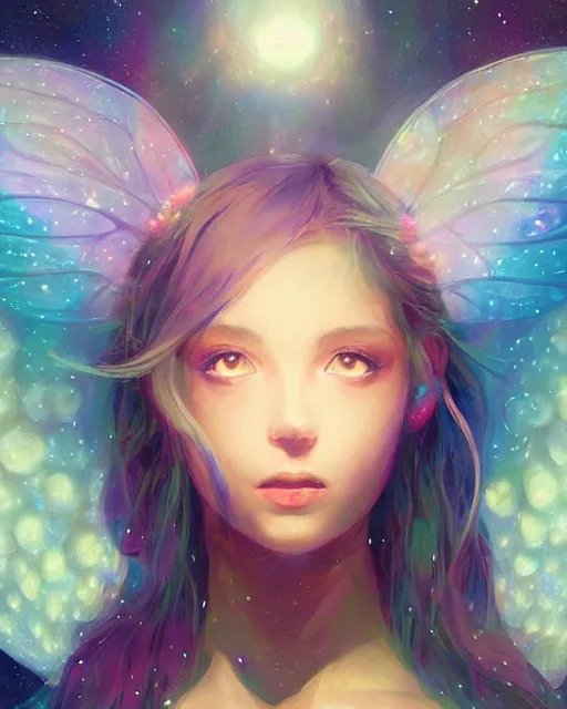 Prompt: a detailed digital art of an attractive!!!! girl with psychedelic! fairy wings sitting under the night sky and holding!! a crystal!! containing all of reality and galaxies, by greg rutkowski artgerm ilya kuvshinov. dramatic lighting, cinematic angle, heavy contrast