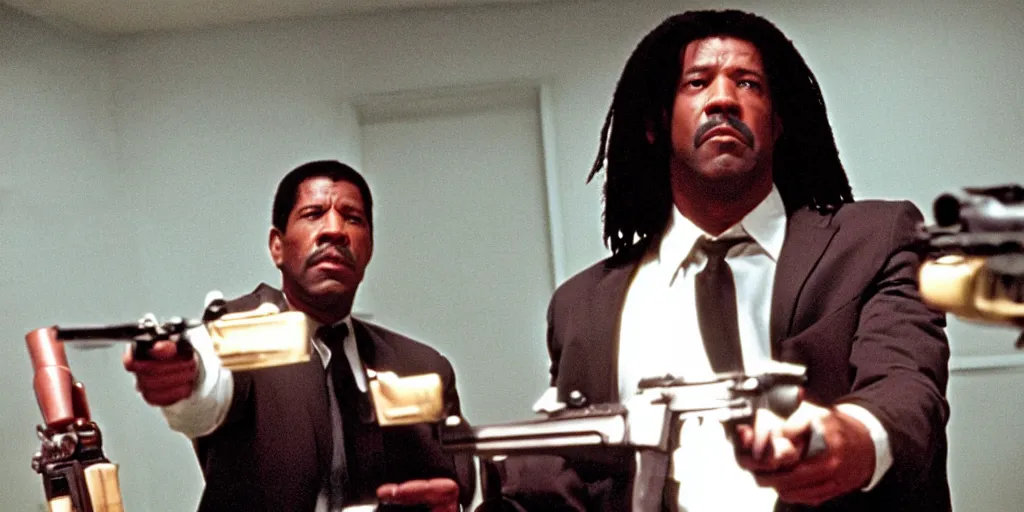Prompt: Denzel Washington as Jules Winnfield in 'Pulp Fiction 2: The Enemy Within' (2004), movie still frame
