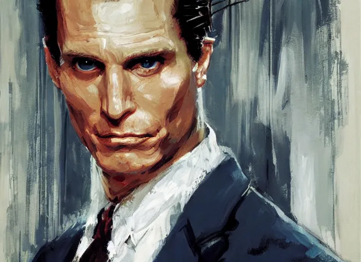 Prompt: a highly detailed unsettling portrait of american psycho patrick bateman, by gregory manchess, james gurney, james jean