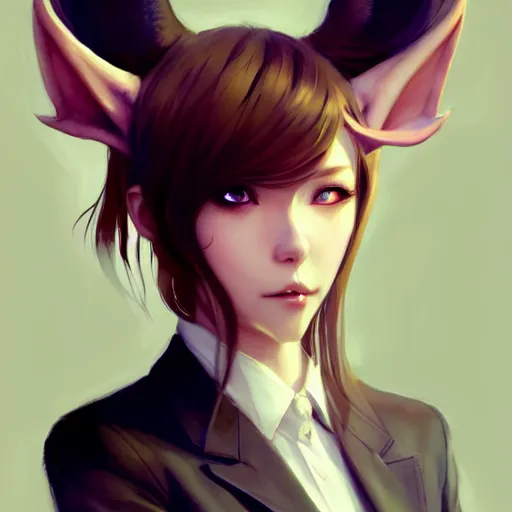 Image similar to character design portrait of a beatiful anthropomorphic furry dragon girl with dragon ears, wearing a suits, looking at the camera, 4 k, concept art, by wlop, wenjun lin, watercolor, ilya kuvshinov, artgerm, krenz cushart, pixiv.