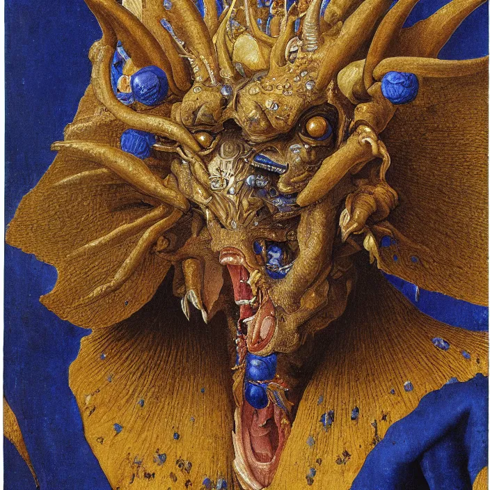 Image similar to close up portrait of a mutant monster creature with four lapis - lazuli eyes, knife - like teeth, round conch fractal horns, insect antennae. jan van eyck, audubon