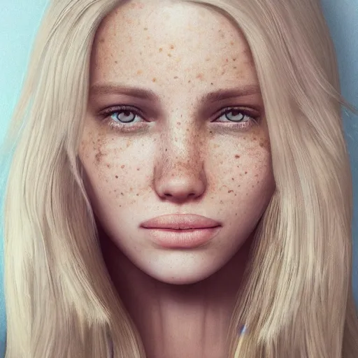 Image similar to !dream Portrait of a Blonde Girl, Young Beautiful Face, Green Eyes, Freckles, Wearing a white crop-top and jeans, with a subtle smile, Detailed, 8K, Epic, Charming, Character, Octane Rendering, Hyper Realistic