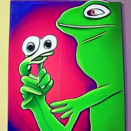 Prompt: pepe the frog painting inside a colorful studio photo in a bedroom