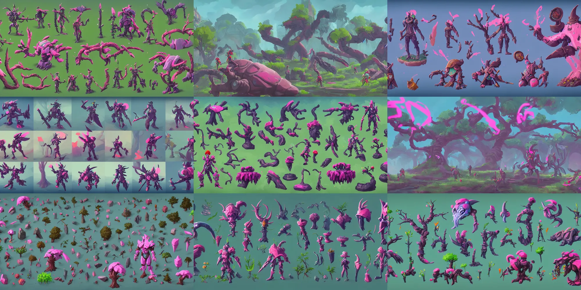 Prompt: game asset of corrupted plants and trees, in gouache detailed paintings, props, stylized, 2 d sprites, kitbash, arcane, overwatch, blue and pink color scheme, 8 k, close up