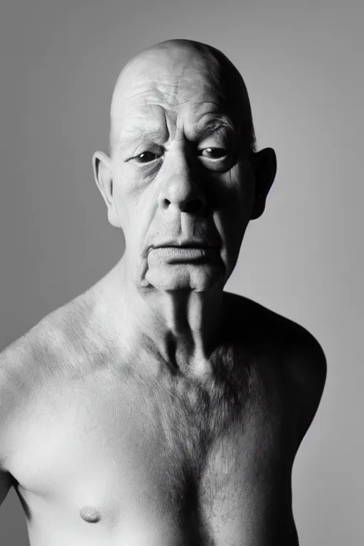Image similar to studio portrait of man that looks excactly like homer simpson, lookalike, as if homer simpson came to life, soft light, black background, fine skin details, close shot, award winning photo by cindy sherman