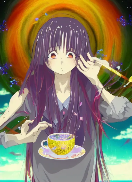 Prompt: surreal dreamscape anime key visual wild and lugubrious waif sipping tea in a place beyond time, incomprehensible scenery, wild frenetic dreamscape it's just STUPID how vivid and pleasing it looks, SERIOUSLY, WHAT, EXPLOSION NOISY GLITCHY NOISY WILD ABSTRACT NOISE GLITCH FIRE HYPER CONCENTRIC RINGS anime key visual protagonist large dreamy anime eyes glitterbarf glitterbarf glitterbarf SO MUCH 90s anime protagonist