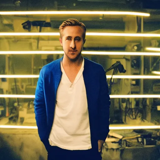 Image similar to Studio photography of Ryan Gosling, blue neon lights behind him