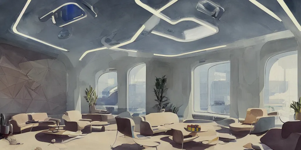 Image similar to a beautiful illustration of futuristic interior hall, lots of furniture, sofa, waiting room, big medium small, sacred geometry, golden ratio, in watercolor gouache detailed paintings, in style of syd mead, trending on artstation,8k, panel, hard surface, vent, zaha hadid, props, plant, cozy,decoration around the room, simon stalenhag, deus ex