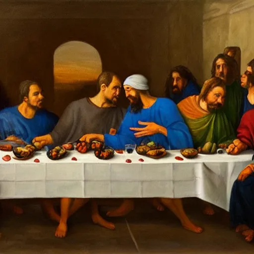 Image similar to viktor orban at the last supper, oil painting