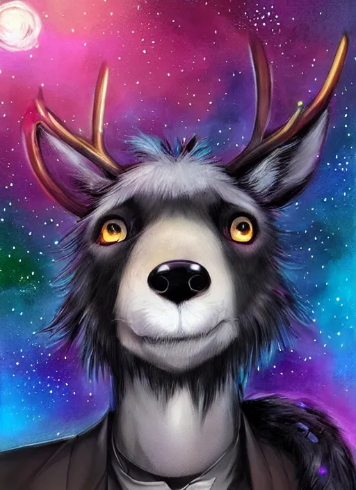 Image similar to award winning beautiful portrait commission of a male furry anthro Black Reindeer fursona with a tail, wings and a cute beautiful attractive detailed furry face wearing stylish black and rainbow galaxy clothes in a outerspace city at night while it rains. Character design by charlie bowater, ross tran, artgerm, and makoto shinkai, detailed, inked, western comic book art