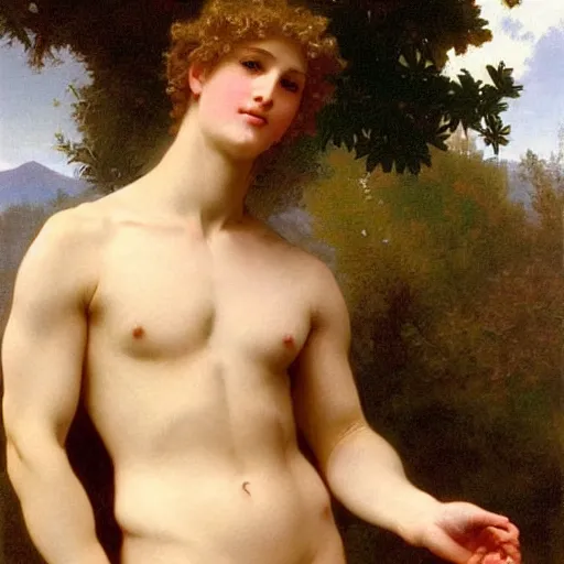 Image similar to Painting of a blond male Venus Apollo. Art by william adolphe bouguereau. During golden hour. Extremely detailed. Beautiful. 4K. Award winning.