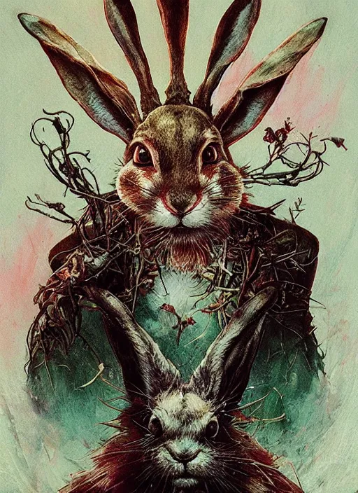 Image similar to the march hare, death tarot card, highly detailed, cinematic, 8 k, by megan duncanson, benjamin lacombe, adrian borda, stanley artgermm, tom bagshaw, craig mullins, carne griffiths, ayami kojima, beksinski, giger, trending on deviantart, hyper detailed, horror, full of colour