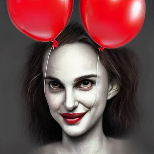 Prompt: surrealism grunge cartoon portrait sketch of natalie portman with a wide smile and a red balloon by - michael karcz, loony toons style, chucky style, horror theme, detailed, elegant, intricate