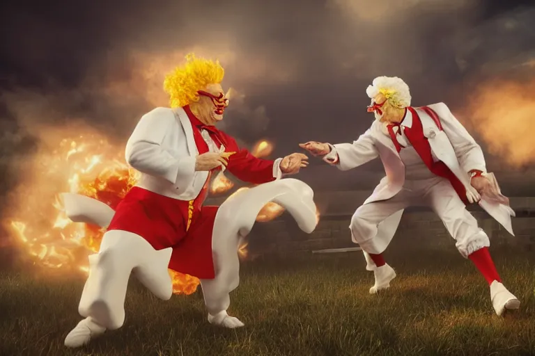 Image similar to ronald macdonald fighting colonel sanders, hyper real, 8 k, octane render, vivid, bright, photo realistic