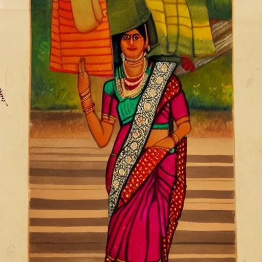 Image similar to realistic painting of a women from maharashtra in saree from 2 0 th century making chapati