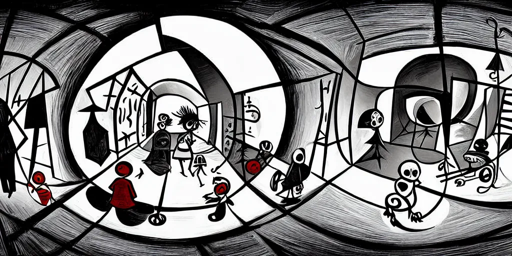 Prompt: curved perspective, extreme narrow, extreme fisheye, digital art of kids playing by pablo picasso from nightmare before christmas