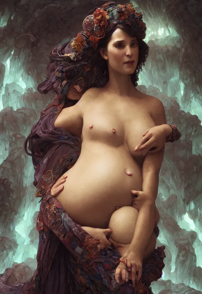 Image similar to epic pregnant woman talking to all her tribe with fluorescence bodies, proud people gather around the pregnant woman, ice cave, intricate, elegant, highly detailed, digital painting, artstation, concept art, smooth, sharp focus, illustration, art by artgerm and greg rutkowski and alphonse mucha and william - adolphe bouguereau