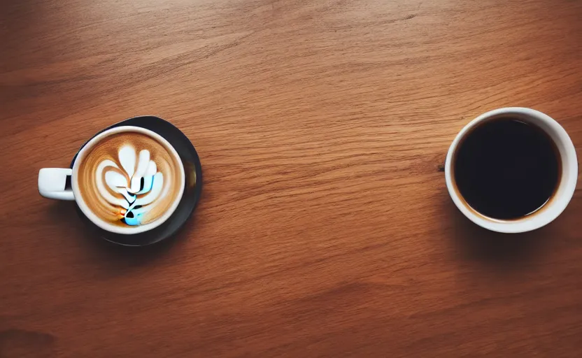 Prompt: top view of a wooden table with a cup of coffee, natural light, cinematic lighting, 8 k