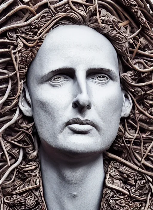 Image similar to sculpture of Matt Bellamy made of wood, portrait, female, future, wood, tree, harper's bazaar, vogue, magazine, insanely detailed and intricate, concept art, close up, ornate, luxury, elite, elegant, trending on artstation, by ruan jia, by Kenneth Willardt, by ross tran, by WLOP, by Andrei Riabovitchev,