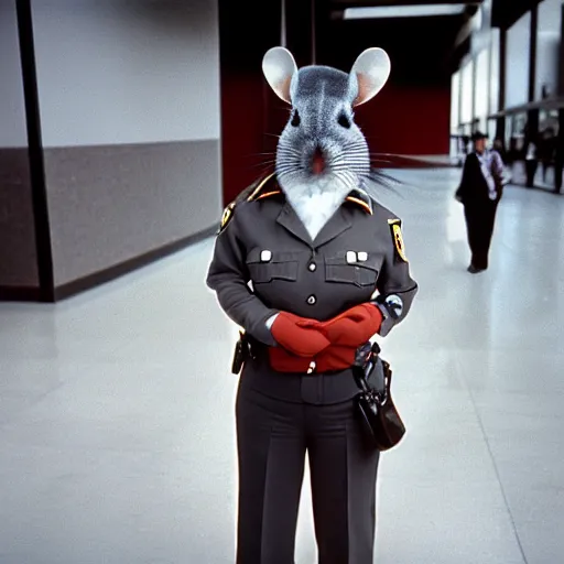 Image similar to tall and fit female anthropomorphic chinchilla mall security guard, cinematic still, daylight, 1980s, hyperrealistic