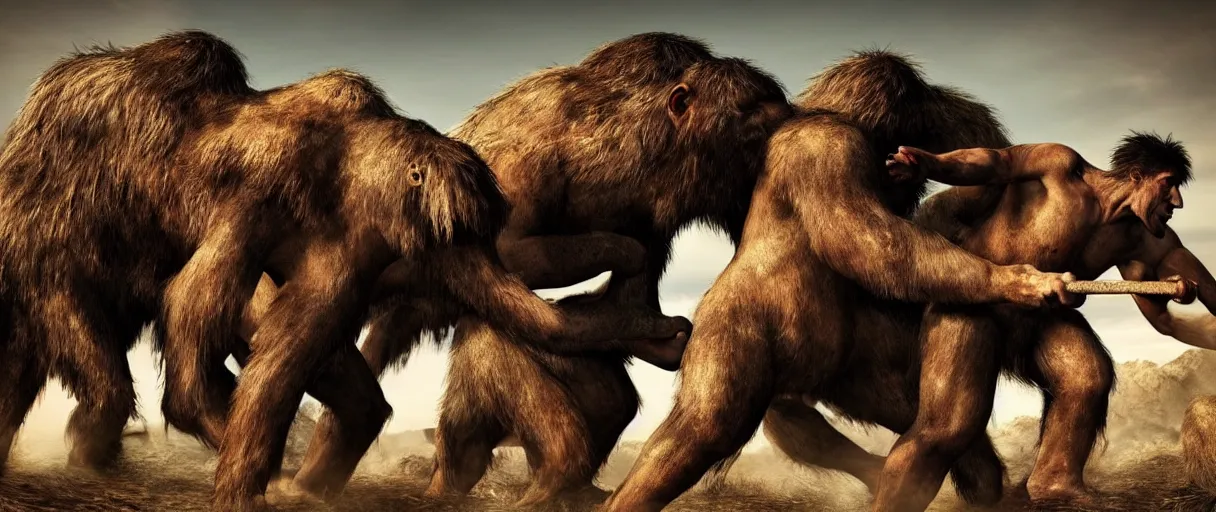 Image similar to made 1 5 0 neanderthal people fighting againts one mammoth, perfect dynamic posture, perfect dynamic environment, perfect dynamic body form, perfect dynamic pose, trending pinterest, perfect dynamic position, award winning photo by national geographic, and pulittzer winner, realistic, bokeh, reduce duplication interference