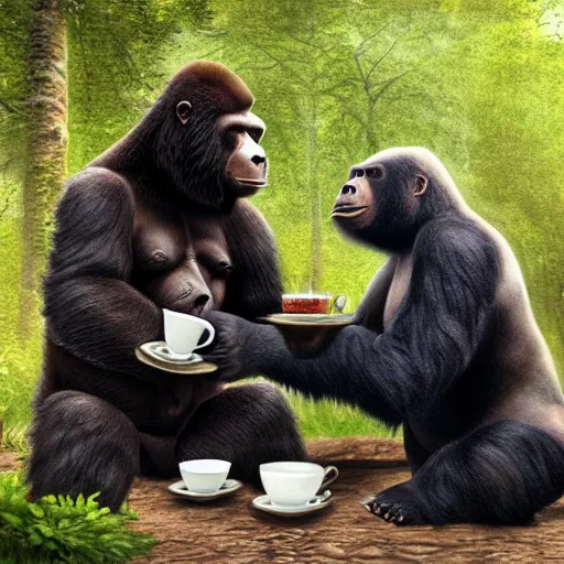 Image similar to bear and gorilla having a tea party in the middle of the woods, hyper realistic, 4 k, hd, highly detailed