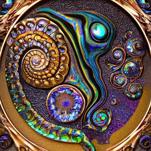 Prompt: mask, Art Nouveau cresting oil slick waves, hyperdetailed bubbles in a shiny iridescent oil slick wave, ammolite, dinosaur bone, detailed giant opalized ammonite shell, black opal, abalone, paua shell, ornate copper patina medieval ornament, rococo, organic rippling spirals, octane render, 8k 3D, druzy geode, cresting waves and seafoam, mask