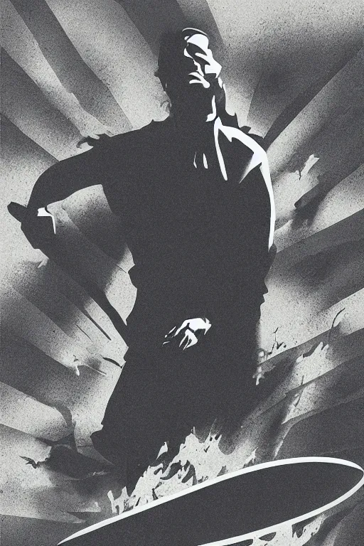 Prompt: poster art, movie poster, noir, textured, paper texture, point break by saul bass and paul rand, surfing, ocean, waves