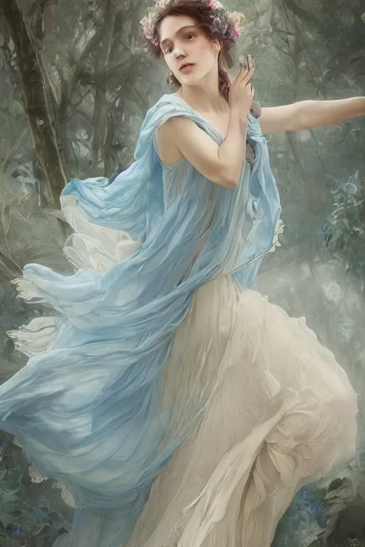 Image similar to beautiful!!! woman dressed in a vaporous wrapped large victorian pale blue roses silk semi-transparent dress fashion is running, fantasy, intricate, elegant, highly detailed, digital painting, trending on artstation, concept art, matte, sharp focus, illustration, art by Artgerm and Greg Rutkowski and Alphonse Mucha, instagram model