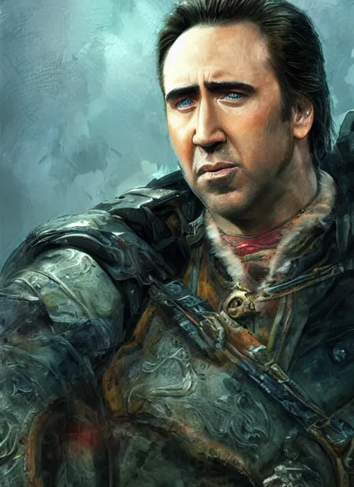 Prompt: highly realistic nicholas cage as a ranger painted by raymond swanland