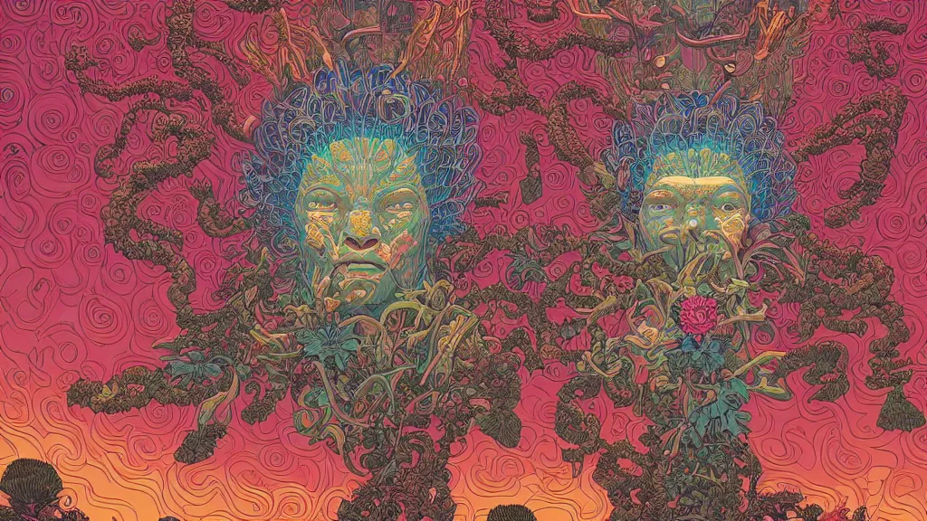 Image similar to highly detailed illustration of a mayan god growing all kinds of flowers by kilian eng, by moebius!, by oliver vernon, by joseph moncada, by damon soule, by manabu ikeda, by kyle hotz, by dan mumford, by kilian eng