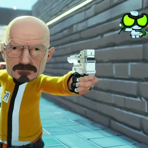 Image similar to walter white as a splatoon inkling, wide shot, in game screenshot, unreal engine, high definition