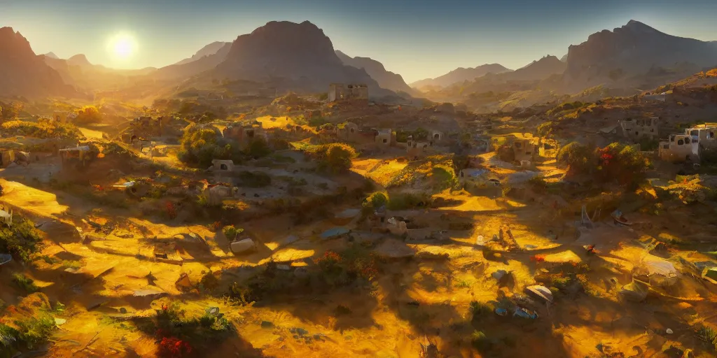 Image similar to Lively sunny landscape of an palestinian village realistic detailed digital art by Maxwell Boas Jessica Rossier Christian Dimitrov Anton Fadeev trending on Artstation CGSociety rendered in Unreal Engine 4k HQ