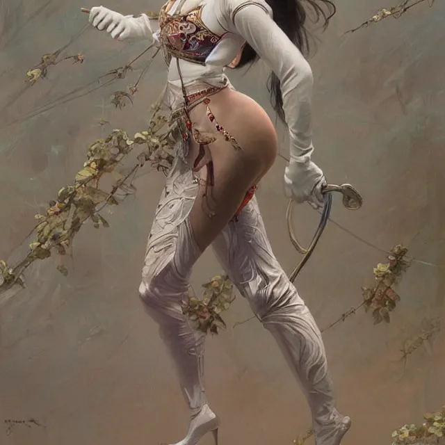 Image similar to asian domme mistress, full body, dominatrix, tribal, smooth white tight clothes suit, ornate, very beautiful, concept art, realistic painting, androgynous, afrofuturism, daz 3 d, cinematic, cgsociety, digital art by greg rutkowski, by alphonse mucha
