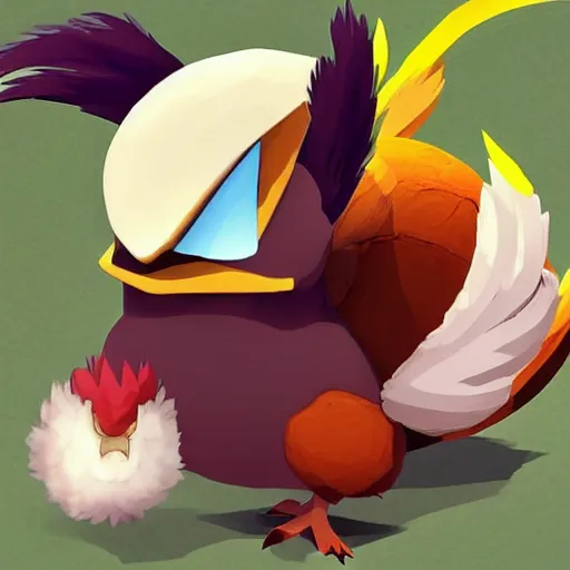 Image similar to A pokemon that looks like a rooster, The coconut shell wrapped around him,The rooster hides inside and sticks his head out to peek，Trending on art station. Unreal engine.