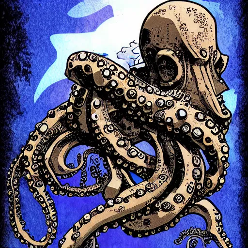 Image similar to a cyberpunk octopus, in the style of Ashley Wood and Moebius