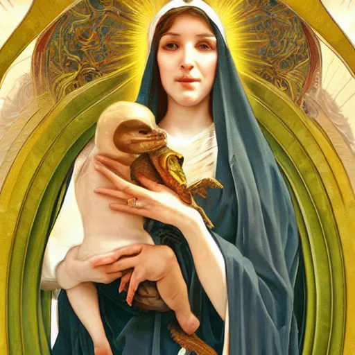 Prompt: surrealist close up illustration of the virgin mary holding a reptile, highly detailed, digital painting, concept art, smooth, sharp focus, illustration, absurd, humorous, photoshop, art by artgerm and greg rutkowski and alphonse mucha