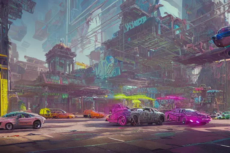 Image similar to hyperrealistic matte painting of aztec temples in a cyberpunk future environment with flying cars, mechanical features and neon, graffiti, scaffolding, smog, destruction by filip hodas, beeple, 4 k, trending on cgsociety