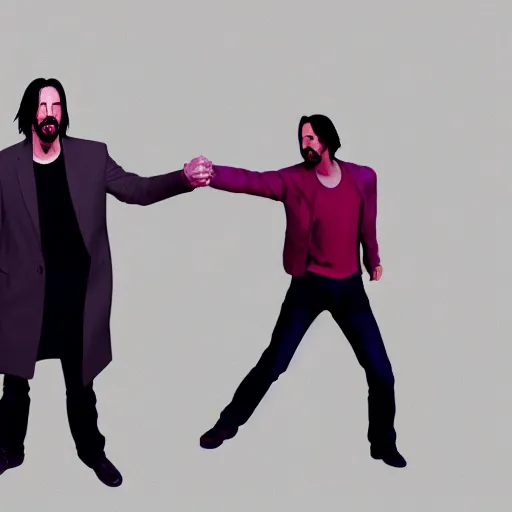 Image similar to keanu reeves breaking up with keanu reeves in front of a crowd of keanu reeves in the gym in hawkins, in the style of james jean, artstation trending, 8 k, 3 d render, photorealistic, volumetric lighting caustics, pink