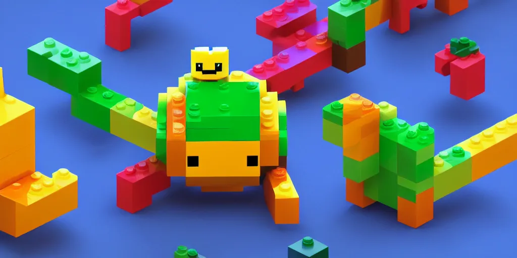 Image similar to tiny creature made of one brick, big round cute eyes, quadrupedal, cute looking, blocky shape, kawaii, sharp focus, character, game concept art, blocky, lego mixels, flat toon style like katamari damacy inspired, pokemon inspired, promotional poster art, high quality voxel render