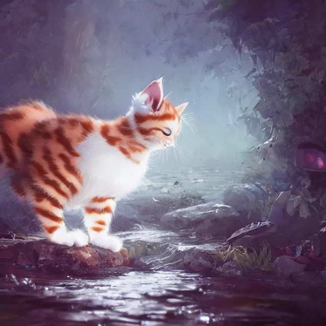 Image similar to a painting of a cute kitten at a river catching fish. disney character design by cory loftis, fenghua zhong, ryohei hase, ismail inceoglu and ruan jia. volumetric light, detailed, rendered in octane