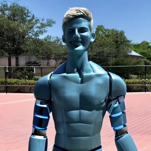 Image similar to a realistic detailed photo of a guy who is an attractive humanoid who is half robot and half humanoid, who is a male android, wrestler bo nickal, shiny skin, posing like a statue, blank stare, by the pool, on display, showing off his muscles, humanoid robot, frozen ice statue