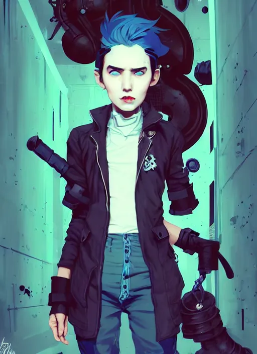Image similar to highly detailed portrait of a sewer punk lady student, blue eyes, formal jacket, white hair by atey ghailan, by greg rutkowski, by greg tocchini, by james gilleard, by joe fenton, by kaethe butcher, gradient blue, black, brown and cyan color scheme, grunge aesthetic!!! ( ( graffiti tag wall background ) )